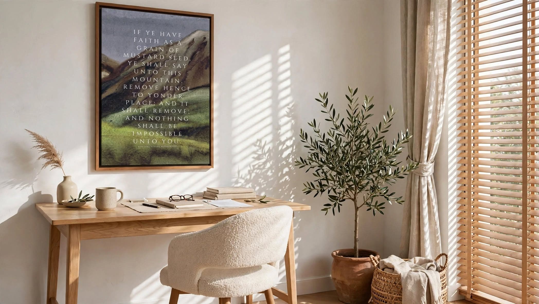 Mustard Seed hung above a wooden desk in morning light: Matthew 17:20 in white spaced capitals over a watercolour hillside, in a pale wood floater frame.