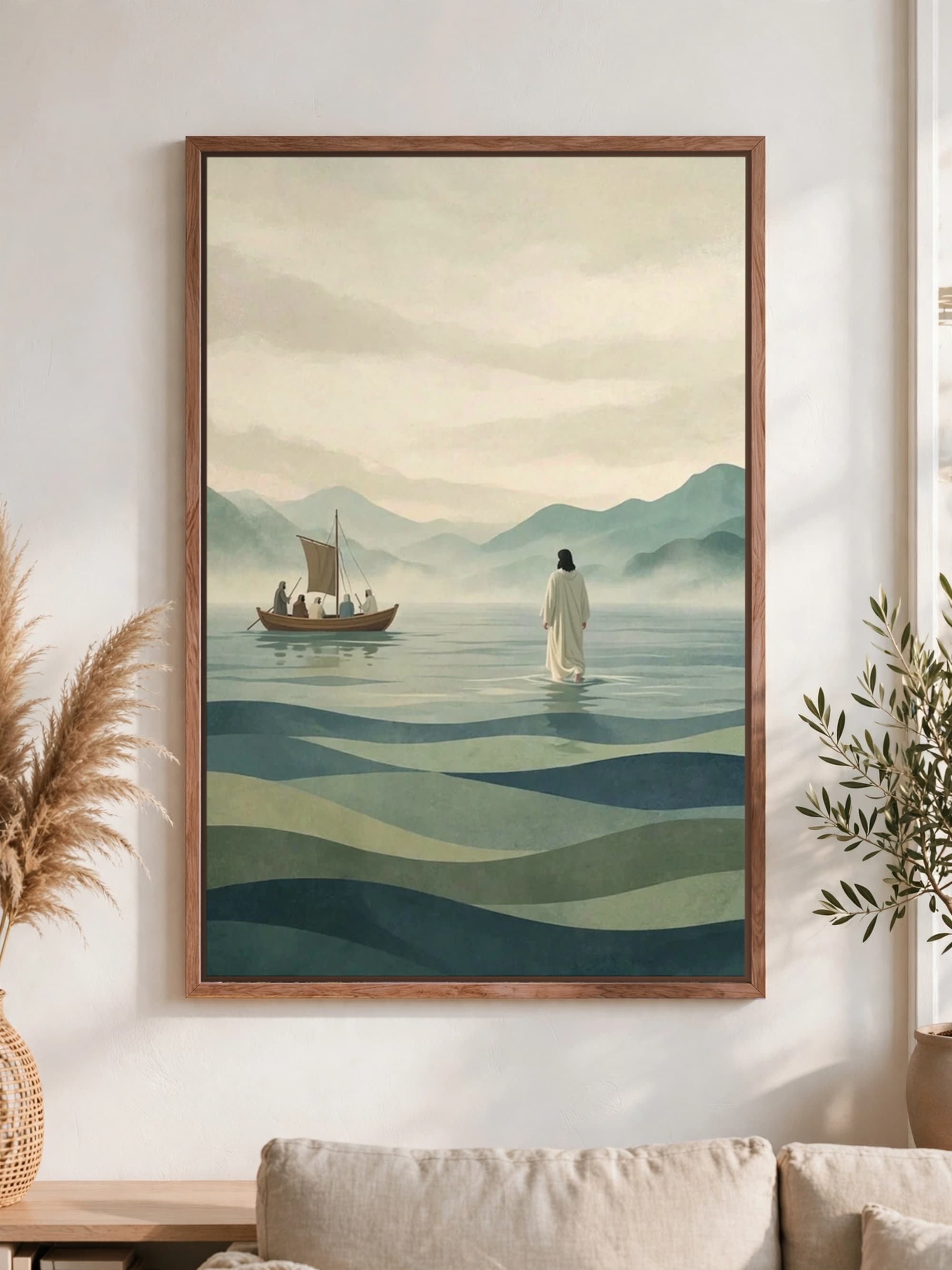 A robed figure standing on layered teal water, a boat of disciples nearby, pecan frame, hung above a linen sofa.